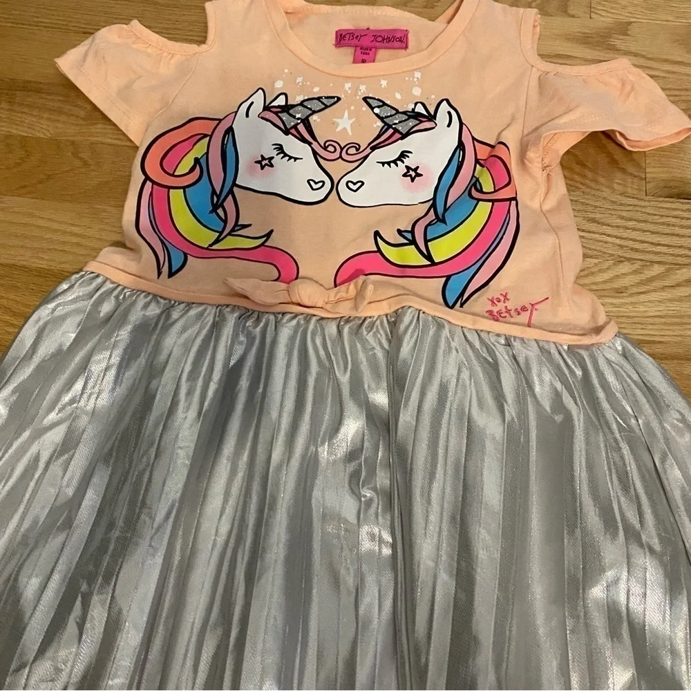 Betsey Johnson Unicorn Dress Sz 10 Cold Shoulder Peach Silver Pleated Kids Girls
